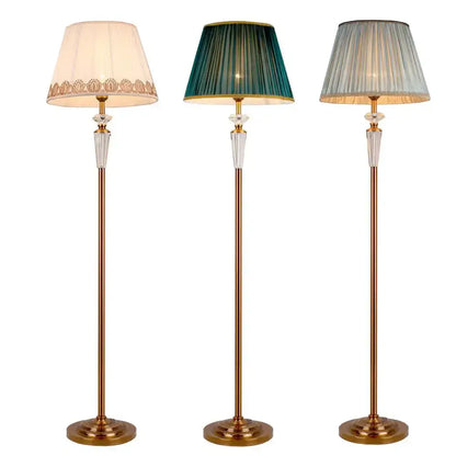 Three elegant brass crystal floor lamps with cream lace, deep green, and light gray pleated shades for bedroom decorbites crystal floor lamp