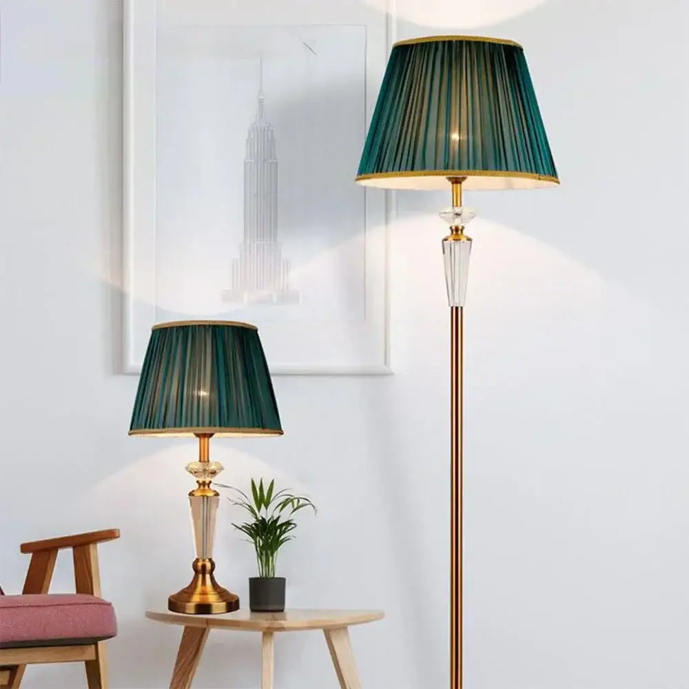 Retro emerald green crystal floor lamp with pleated lampshade gold trim and brass base decorbites crystal floor lamp