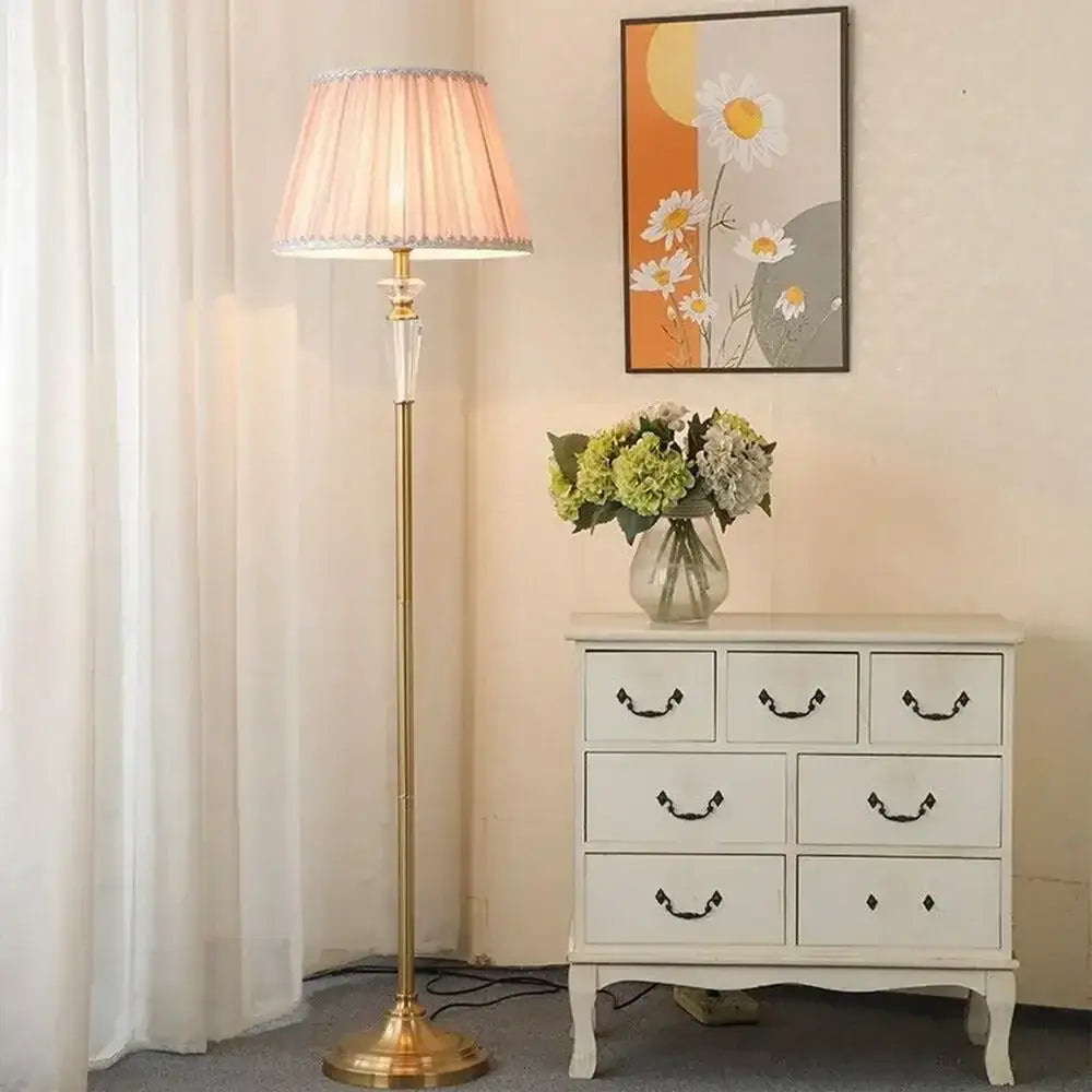 Retro emerald green crystal floor lamp with gold metal base and pleated pinkish beige shade for living room decorbites crystal floor lamp