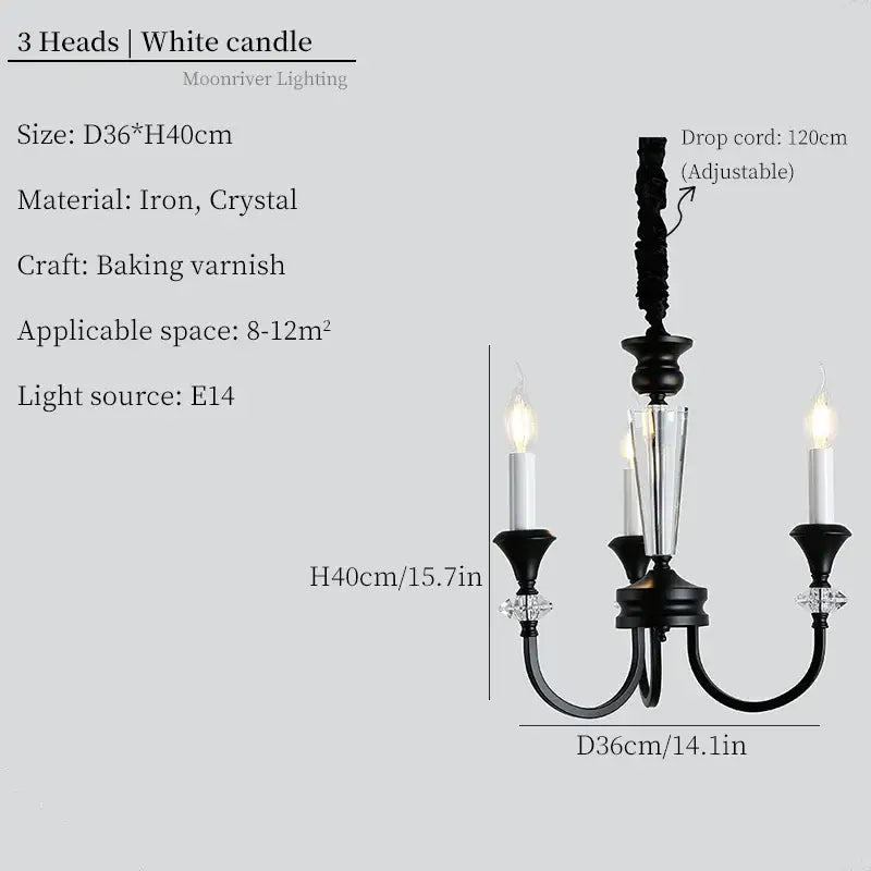 Retro french black iron vintage candle chandelier with crystal accents and three white candle-style lights for dining room decorbites iron vintage