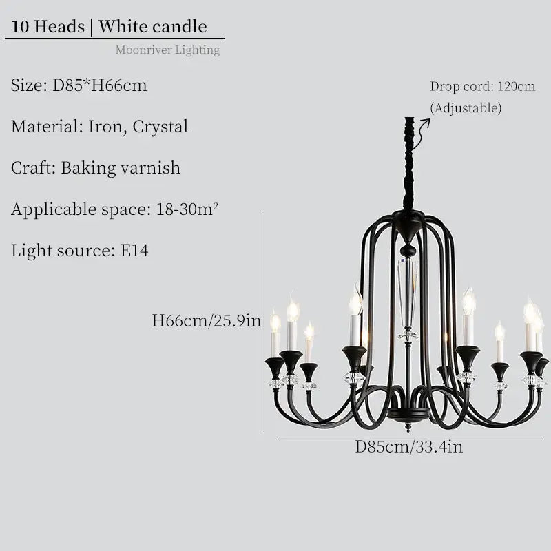 Retro french black iron vintage candle chandelier with crystal accents and ten candle-style light fixtures for dining room decorbites iron vintage