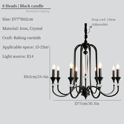 Retro french black iron vintage candle chandelier with crystal accents and eight candle-style lights for dining room decorbites iron vintage