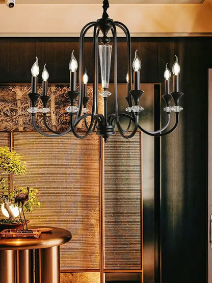 Black wrought iron vintage candle chandelier with crystal accents and candle-style bulbs for dining room decorbites iron vintage