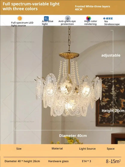 Elegant gold-toned retro french floral glass dining room chandelier with intricate crystal lace shades and frosted glass layers