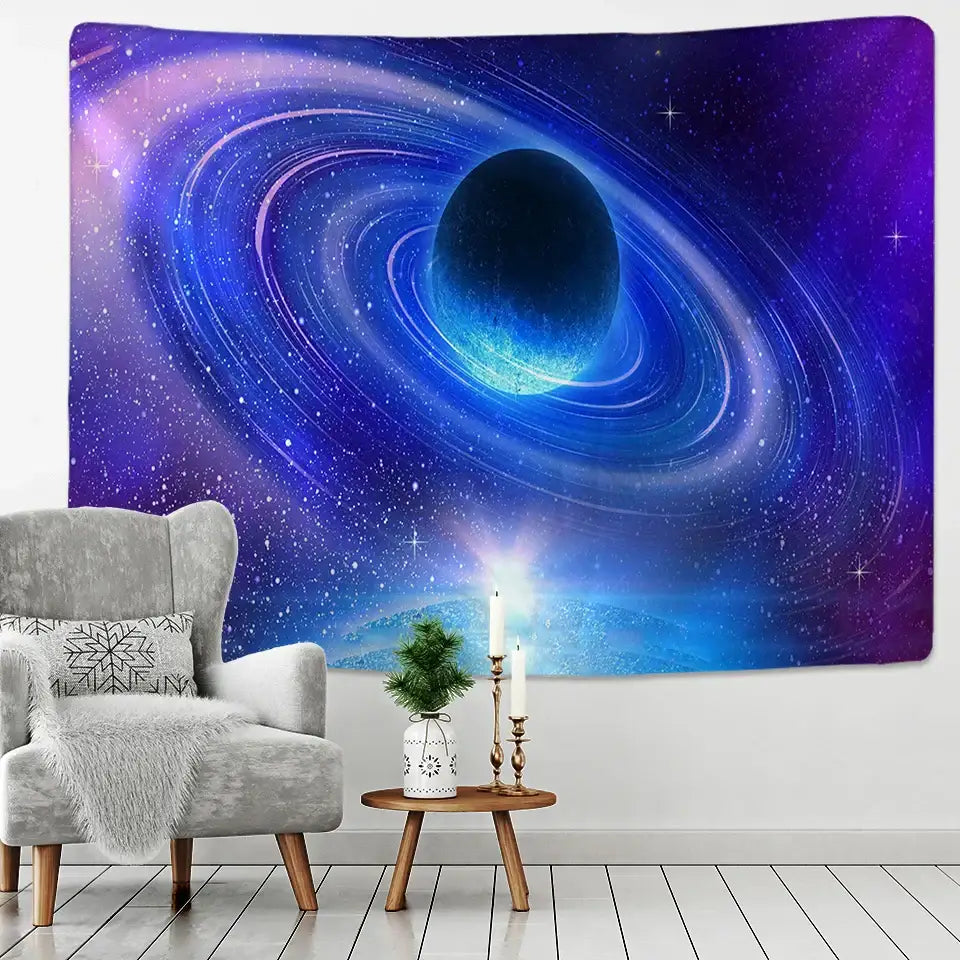 Retro galaxy sky blue planet tapestry featuring a vibrant cosmic nebula with swirling rings for decorbites galaxy sky decor