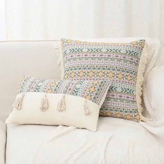 Beige rectangular handmade tassel cushion cover with retro geometric pattern in soft pastel tones for living room decorbites