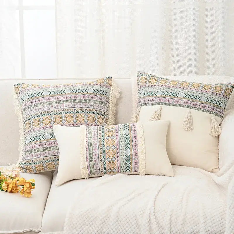 Set of three retro geometric beige cushion covers with decorbites handmade tassel and cream fringe for living room decor