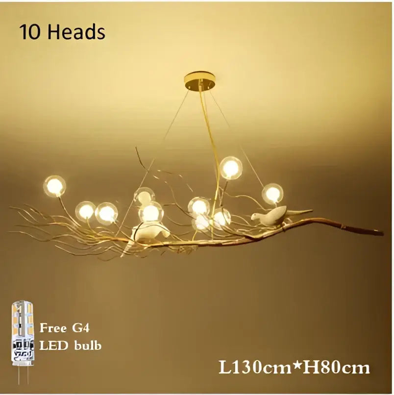 Retro gold bird nest led chandelier with ten glowing bulbs and white bird figurines for dining room decorbites bird nest
