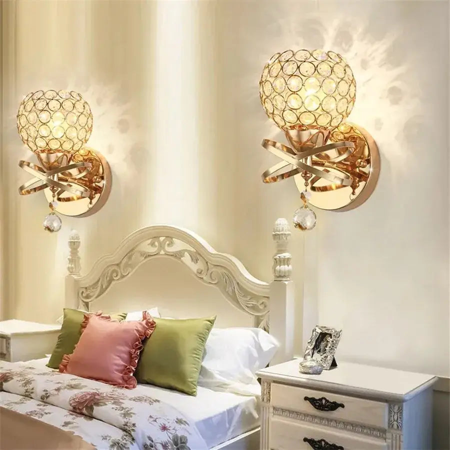 Retro gold and chrome crystal wall sconce with gold-toned globe, metallic arms, and teardrop crystals for living room decorbites crystal wall