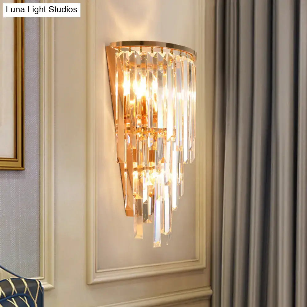 Retro gold crystal waterfall wall mounted sconce with cascading prisms direct wired electric three lights for hallway
