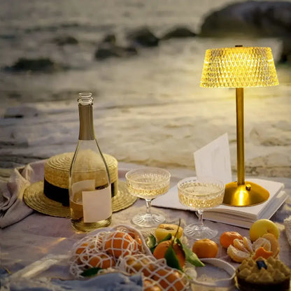 Golden retro gold diamond crystal table lamp with woven textured shade and sleek metallic base for bedroom night light