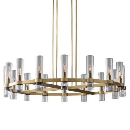 Modern retro gold glass chandelier pendant lamp with clear glass cylinders and exposed filament bulbs for dining room