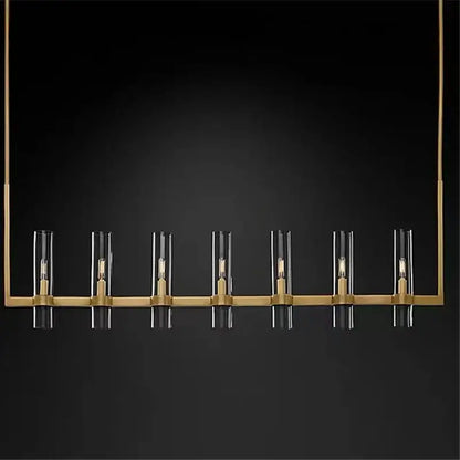 Retro gold glass chandelier pendant lamp with six clear glass candle holders and exposed filament bulbs for dining room