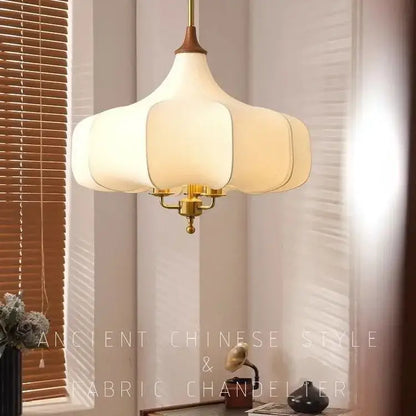 Cream fabric pendant lights with brass frame and wooden accent for bedroom decorbites gold lustre retro style decor