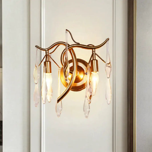 Gold-toned retro gold raindrop wall lamp with elegant branching metal arms and clear crystal droplets for bedroom lighting
