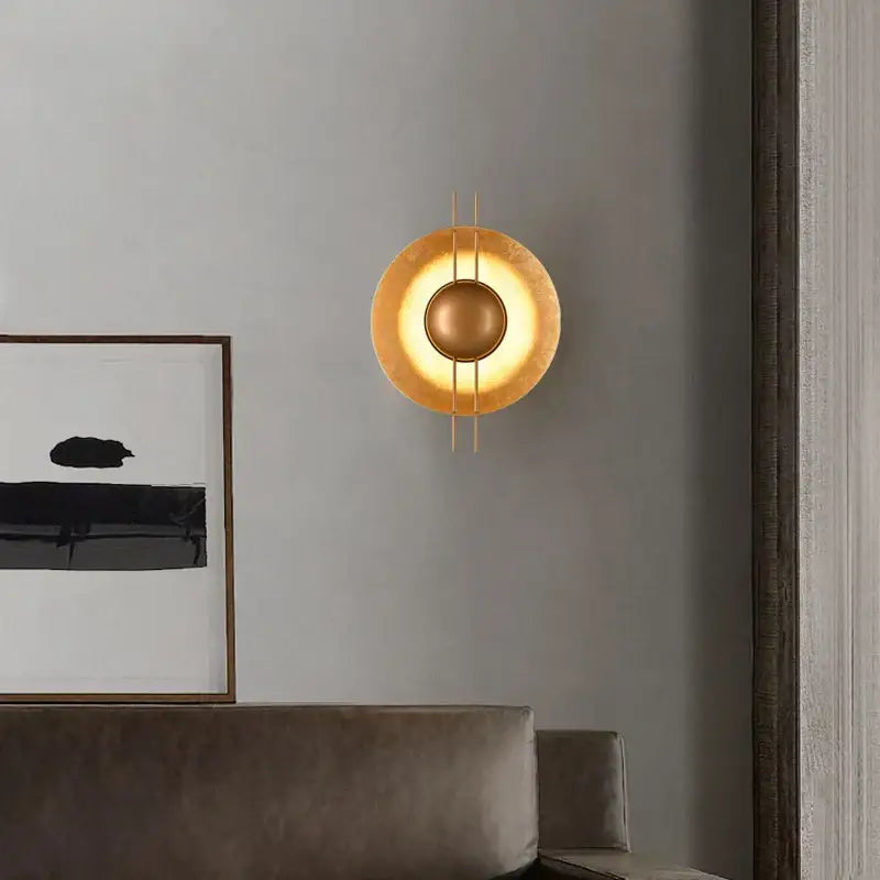 Retro gold round villa wall lamp with gold-toned circular design and warm glowing light for bedroom decorbites gold round wall lamp