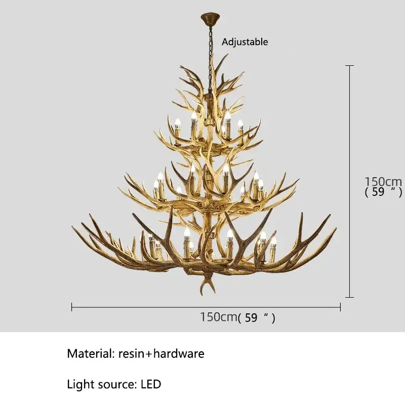 Retro golden brown antler led chandelier featuring golden resin antlers with multiple tiers of led lights and adjustable hardware