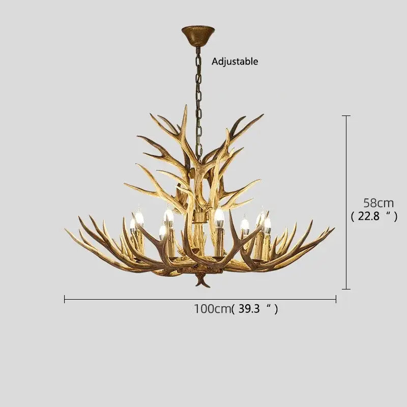Retro golden brown antler led chandelier with golden finish and multiple candle-style bulbs for dining room lighting