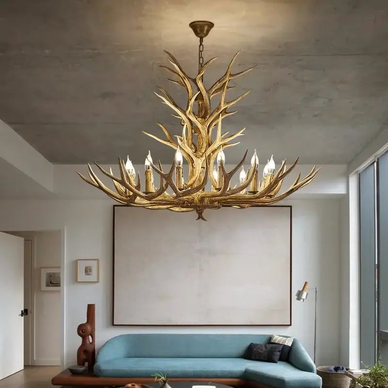 Retro golden brown antler led chandelier with multiple candle-style bulbs for dining room lighting