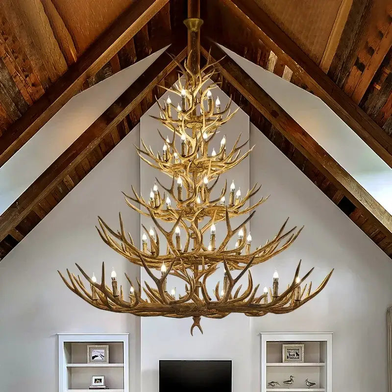 Retro golden brown antler led chandelier with multiple tiers of branched antlers and candle-style bulbs for dining rooms