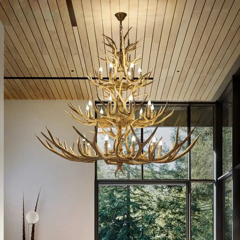 Retro golden brown antler led chandelier with multiple tiers and candle-style bulbs for dining room lighting