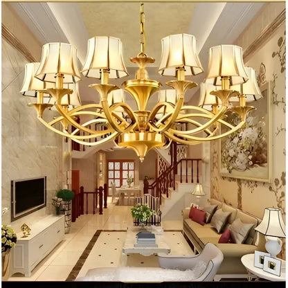 Golden copper villa chandelier with multiple cream-colored lampshades from decorbites copper villa decorbites copper
