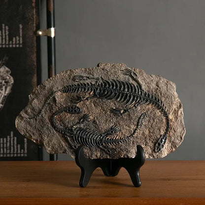 A retro animal statue featuring two black fossilized reptile skeletons on a natural stone slab in gray and beige