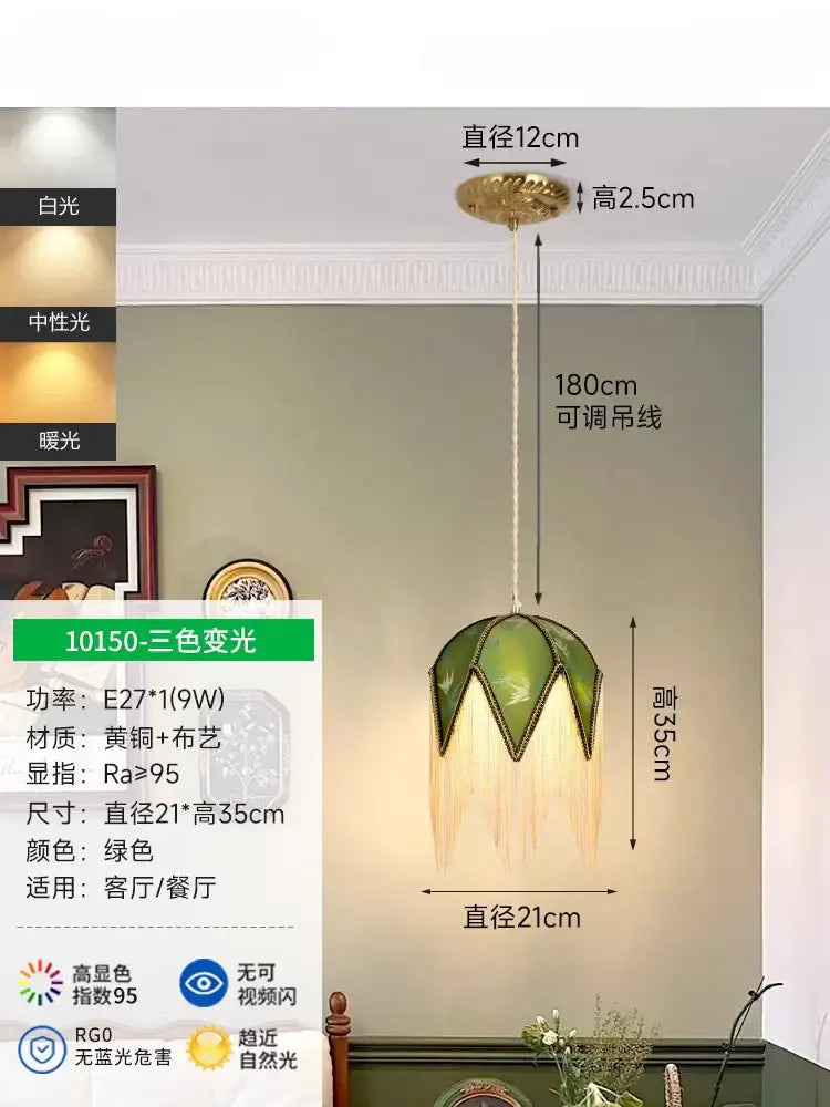 Retro green and gold copper tassel pendant light with brass and glass leaf-shaped design for dining room decorbites copper tassel