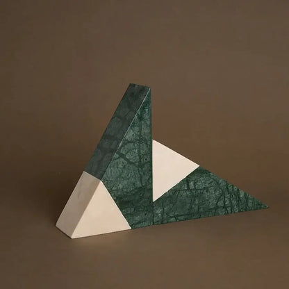 Geometric dark green marble bookends with white accents in a modern triangular design for home decor by decorbites green marble