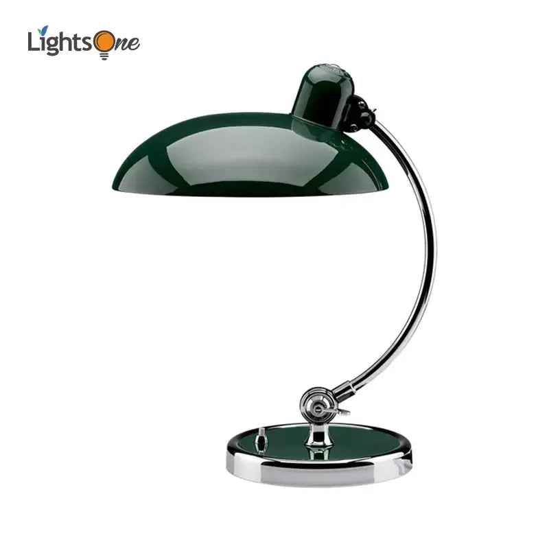 Dark green enamel engraving table lamp with chrome-finished curved arm and base for office or bedroom use
