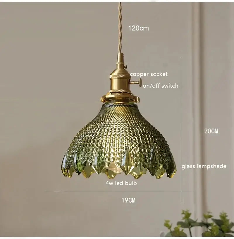 Retro green glass pendant light with wood accent features a textured lampshade and brass copper e27 led bulb socket