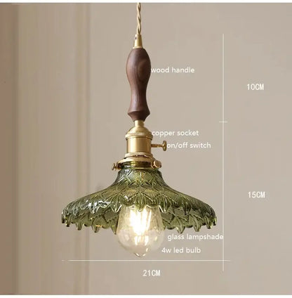 Retro green glass pendant light with wood accent and brass copper socket featuring e27 led bulb for dining room