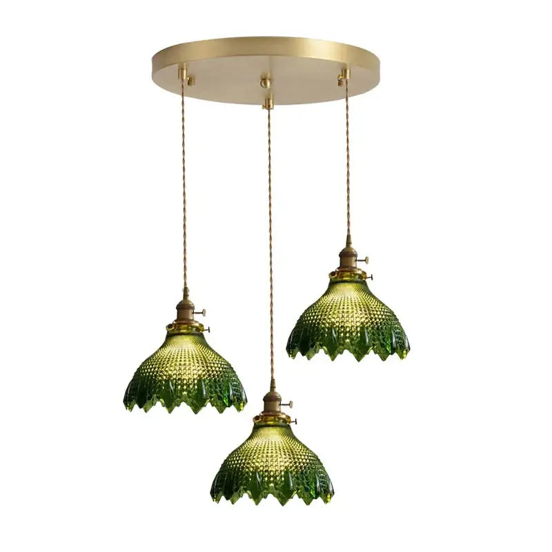 Three green textured glass pendant lights with wood accent and brass details for dining room with e27 led bulb