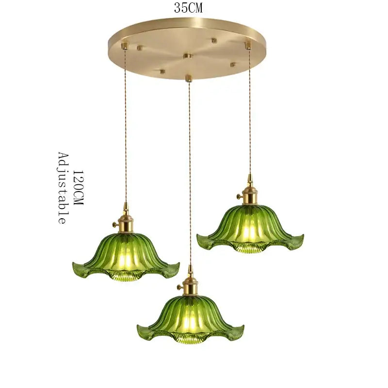 Retro green glass pendant light with brass accents wood accent and adjustable chains for dining room use with e27 led bulb