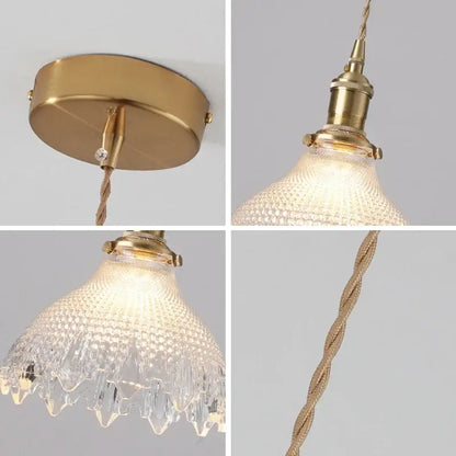 Retro green glass pendant light with brass fixture wood accent scalloped textured shade for dining room e27 led bulb compatible
