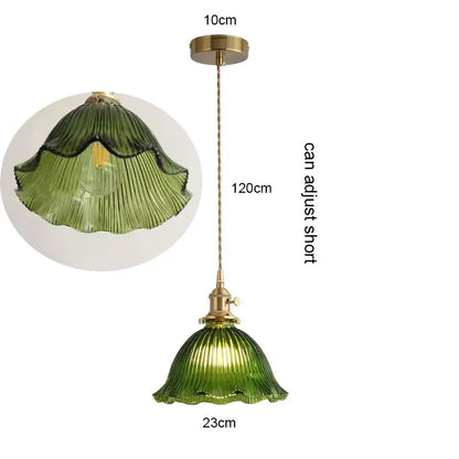 Retro green glass pendant light with ribbed design wood accent and brass hardware for dining room with e27 led bulb