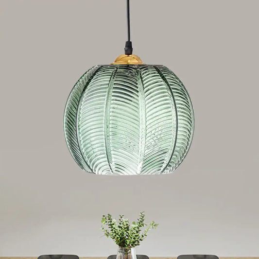 Retro green ribbed glass pumpkin dinette pendant lamp with brass fixture for dining room lighting