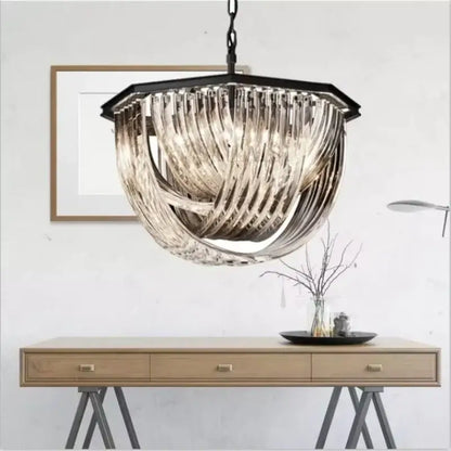 A modern retro hexagonal black metal e14 chandelier with cascading amber glass prisms pendant lights by decorbites