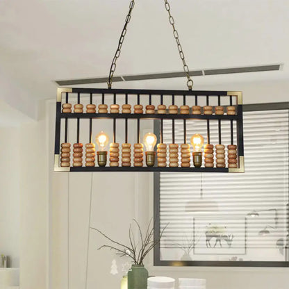 Decorbites retro industrial metal abacus shape 3-light pendant chandelier with black brass frame and wooden beads