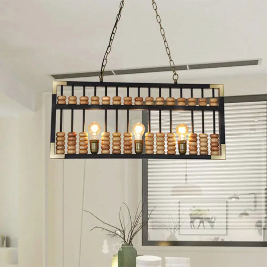 Decorbites retro industrial metal abacus shape 3-light pendant chandelier with black brass frame and wooden beads