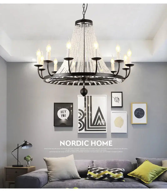 Black wrought iron decorbites crystal chandelier with cascading clear crystal droplets for dining room use