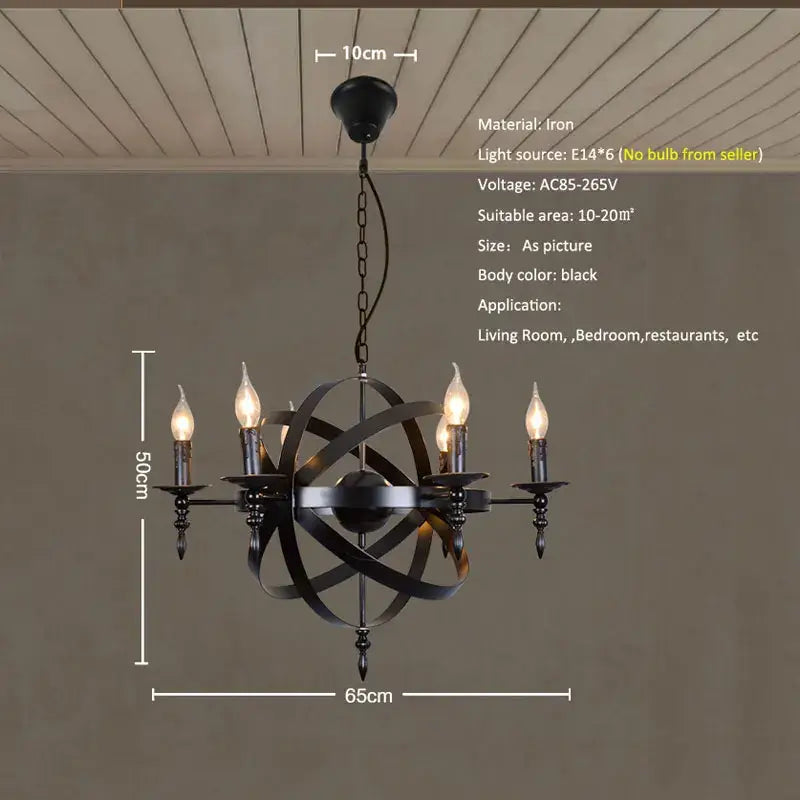 Black iron decorbites iron chandelier with six candle-style bulbs and atomic sphere design for dining room light
