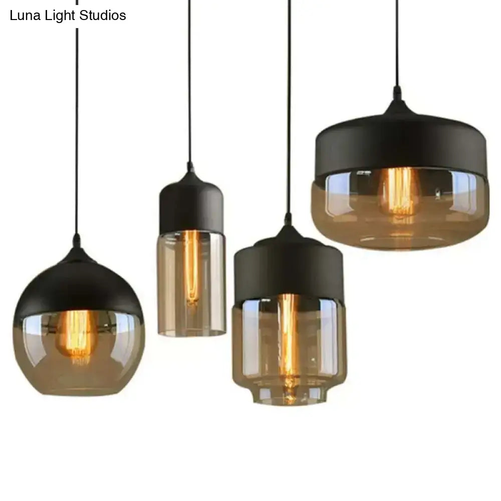 Set of three decorbites™ retro industrial style light pendant lighting with black metal tops and smoked glass shades