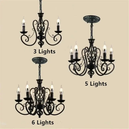 Black wrought iron chandelier with ornate scrollwork and candle-style bulbs for retro industrial living room decorbites black wrought