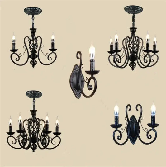 Retro industrial black wrought iron chandelier and wall sconces with ornate scrollwork for living room decorbites black wrought