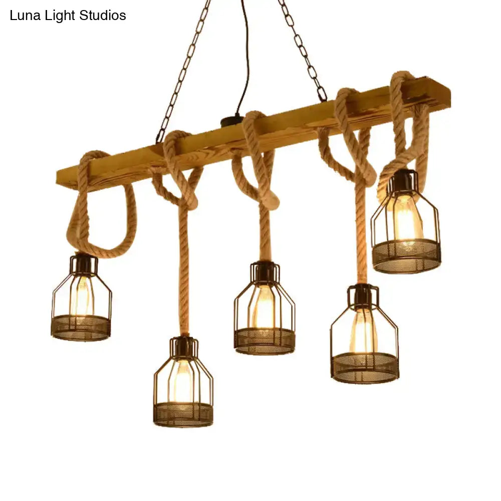 DecorBites™ retro industrial 5-head hanging light with adjustable rope brown wood beam and metal cage LED pendant lamps