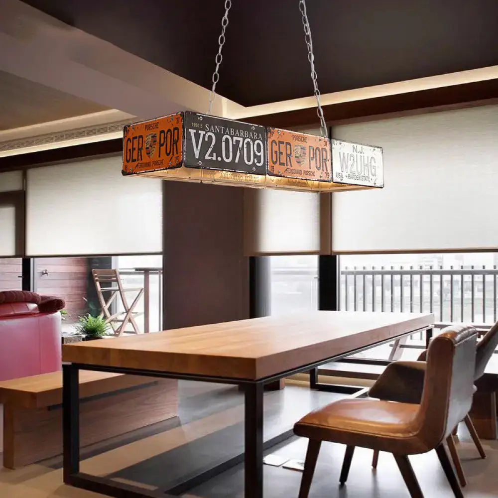 Decorbites retro industrial metal pendant light with vintage license plates, rustic frame, chain suspension, 220v-240v 110v-120v