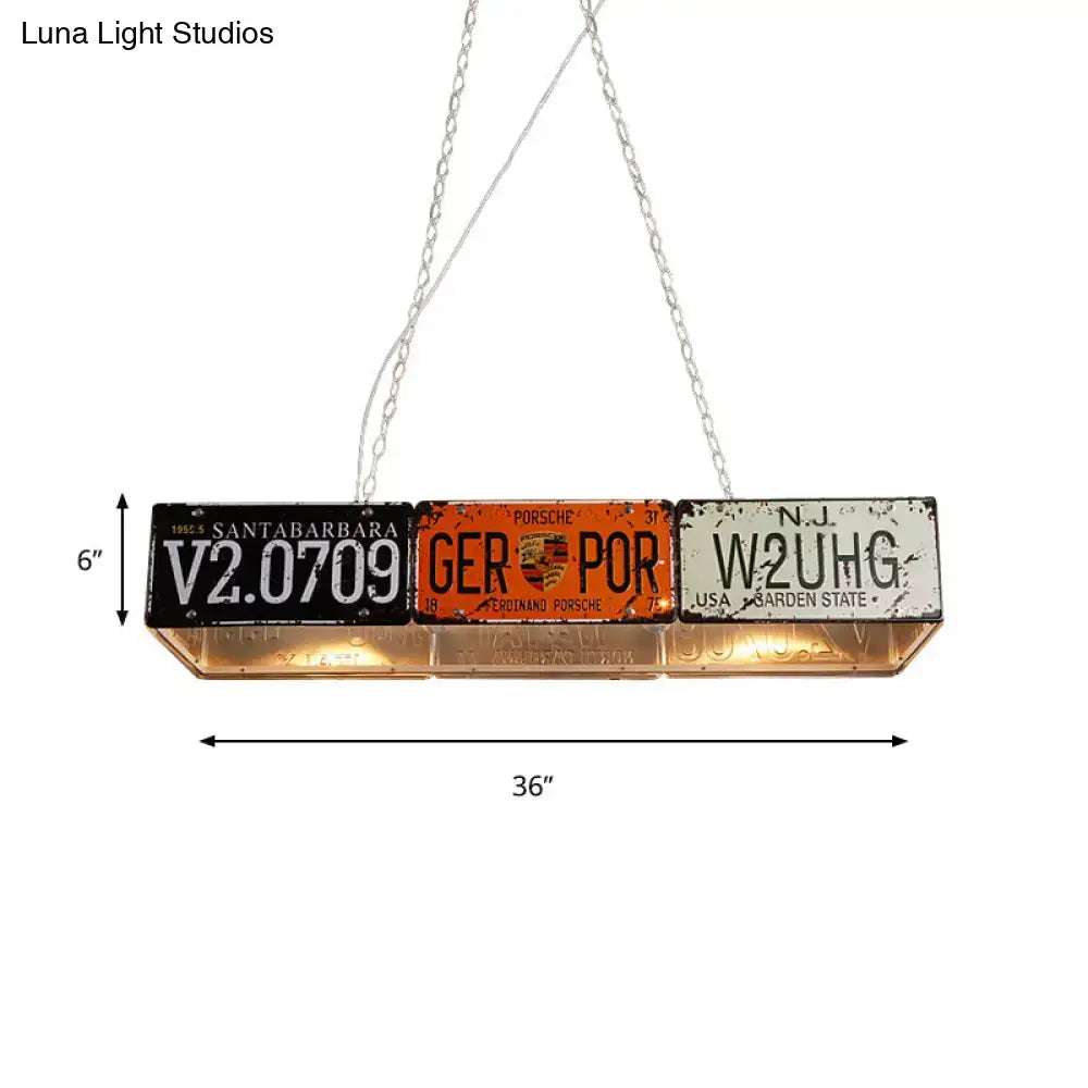 A rustic 36-inch decorbites retro industrial metal pendant light fixture with three vintage license plates 220v-240v 110v-120v