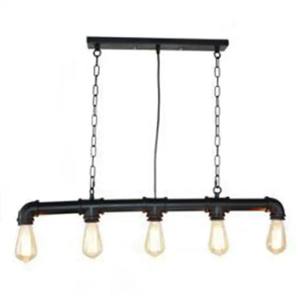 Retro industrial metal tubular island dining room light with black pipe pendant and four exposed bulb edison bulbs