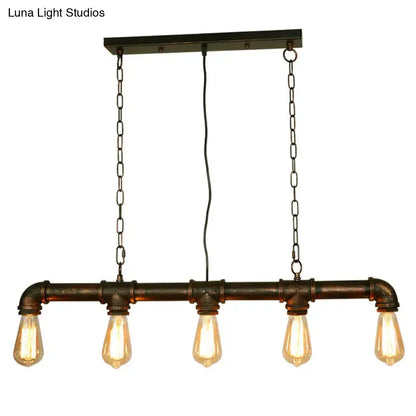 Retro industrial metal tubular island dining room light with dark bronze pipe frame and five exposed bulb edison bulbs